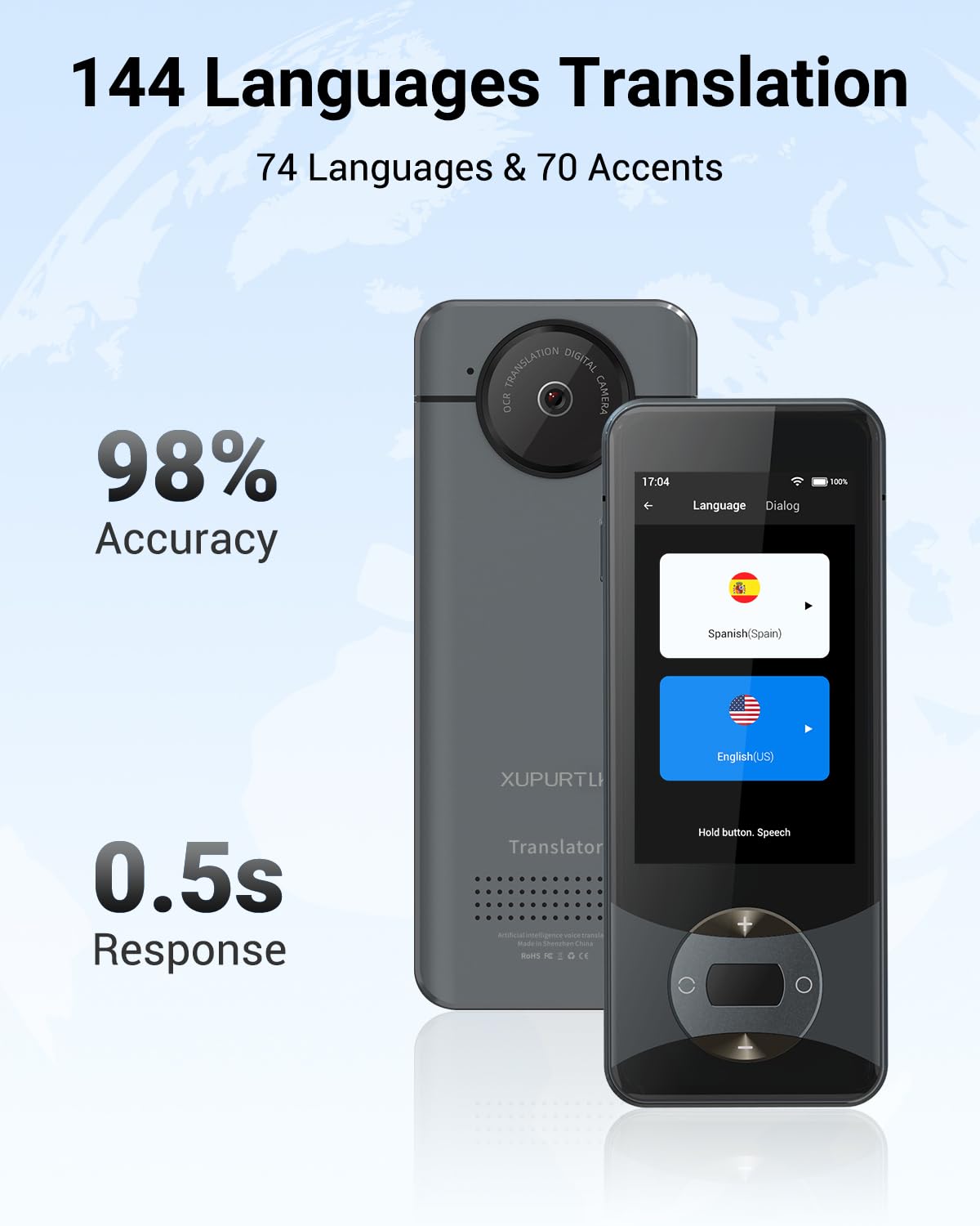 XUPURTLK Language Translator Device, Voice Translator Device Two Way, 144 Languages Real-Time Translator Device No WiFi Needed, Offline & Recording & Photo Translation for Travel, Business, Learning