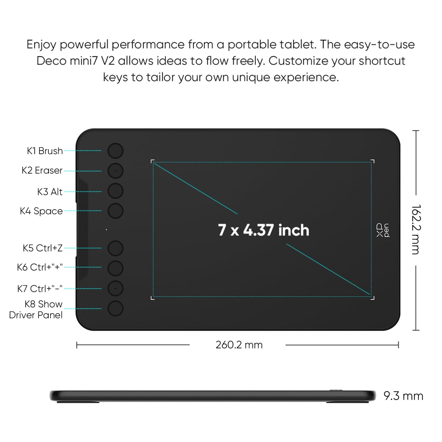 XPPen Updated Deco Mini7 V2 Drawing Tablet-16384 Levels of Pressure Battery-Free Stylus, 7 x 4 OSU Drawing Pad, 8 Hotkeys for Digital Art, Teaching, Gaming Graphic Tablet for Chrome, PC, Mac, Android