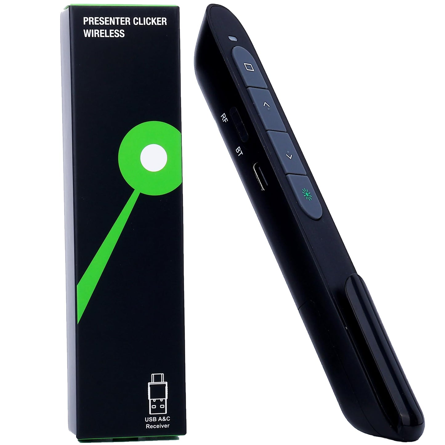 TITIANCOOL Wireless Presenter Remote with Green Light, Rechargeable PowerPoint Clicker for Mac Windows PC, 2.4GHz USB & Bluetooth, 656ft Range