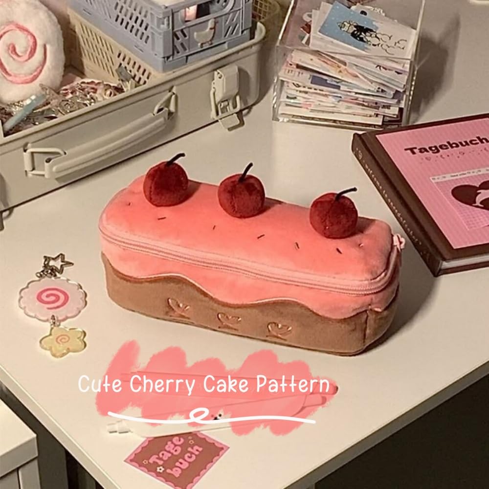 Vobomo Cherry Cake Pencil Case Big Capacity Pen Holder Plush Pencil Pouch Box Cute Aesthetic Pen Case (Cherry)