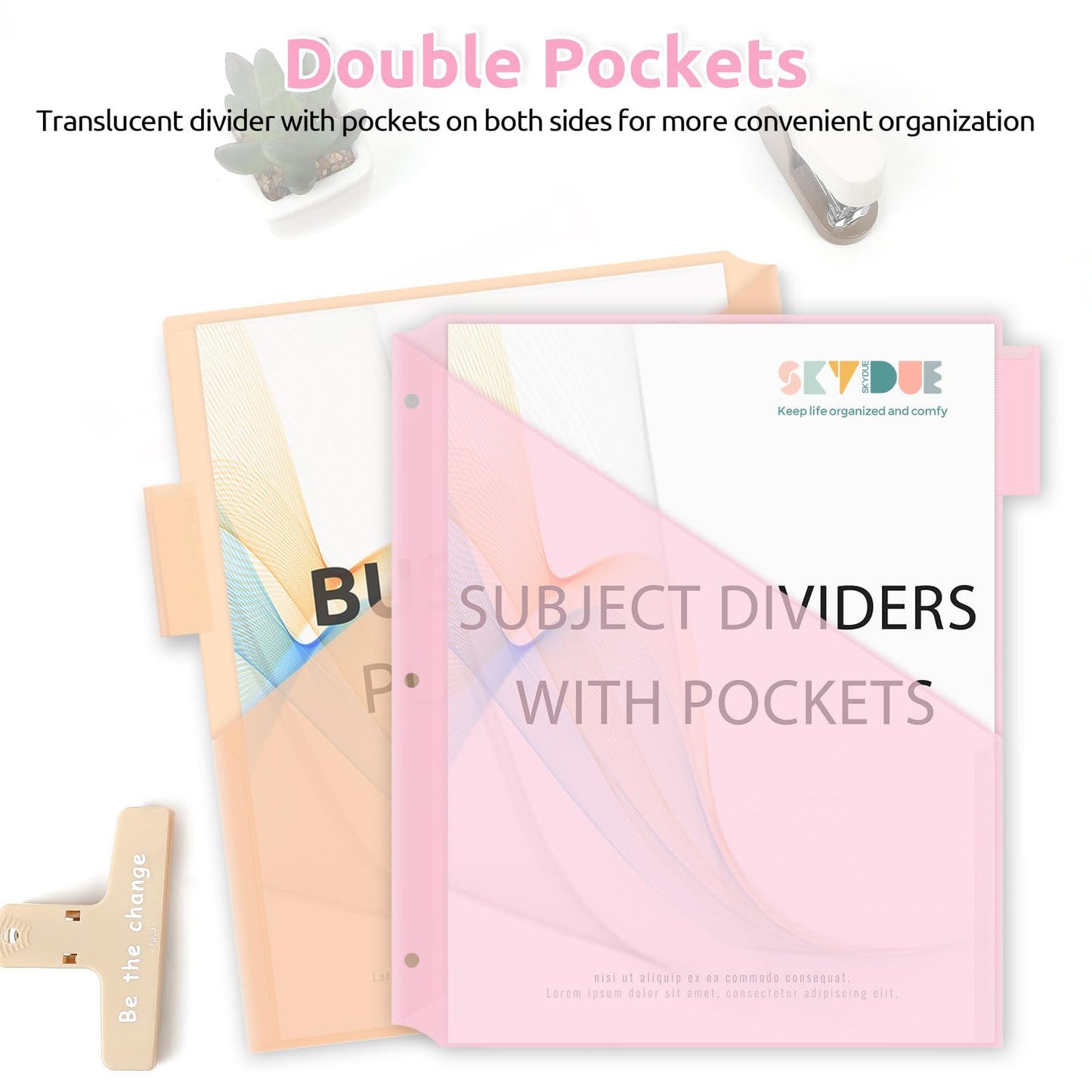 SKYDUE Binder Dividers with Two Pockets, 3Sets, 5 Tabs Dividers for 3 Ring Binder, Plastic Binder Dividers with Tabs for School, Office, and Home Organization,Pink