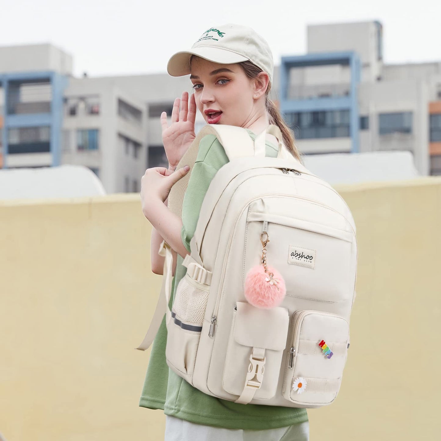 abshoo School Backpack for Girls Bookbag with Lunch Bag Teen Girls School Bag Travel Daypack (Beige)