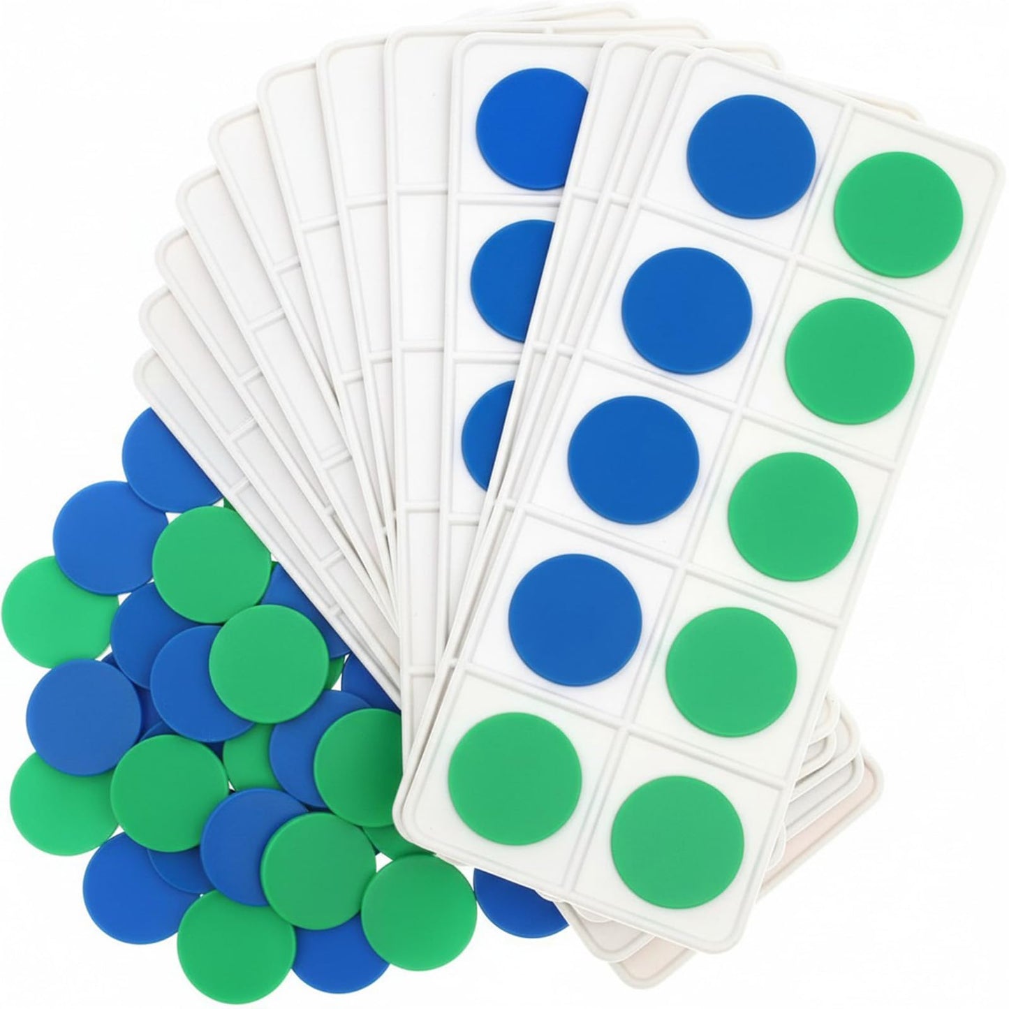 Soulchen 12 Sets Plastic Ten Frames for Classroom Math Manipulatives for Kids Classroom Math Counters Supplies Including 12 Plastic Ten Frames, 120 Counters for Teach Number Concepts (Green,Blue)
