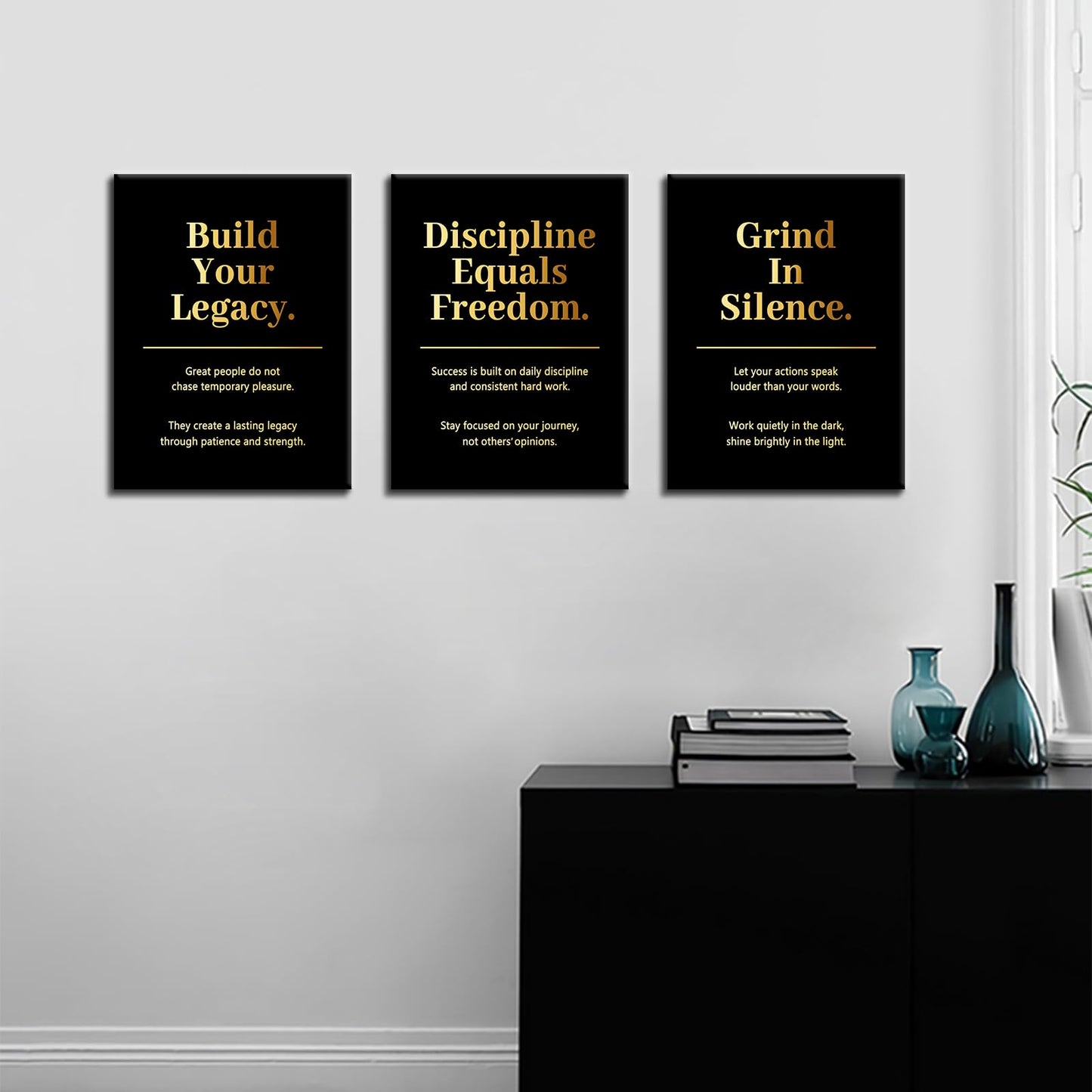 PSYYSP 3 Piece Canvas Wall Art Discipline Equals Freedom Posters, Black Gold Motivational Triptych Wall Decor for Office, Bedroom, Dorm, Study Room, Framed Canvas 36x16inch