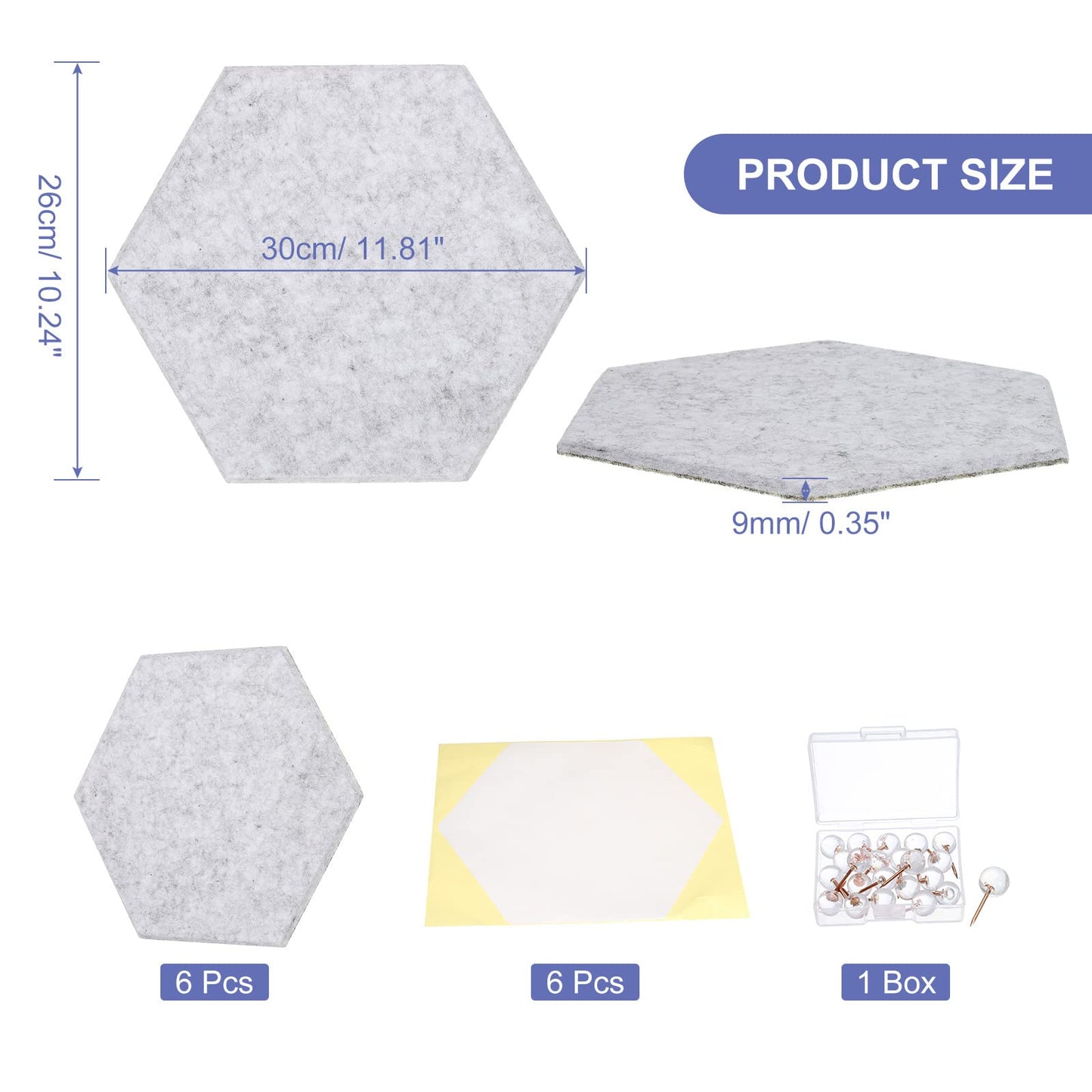 PATIKIL Felt Bulletin Board, 12"x10", 6 Packs Self Adhesive Hexagon Felt Tiles for Sound Proofing Wall Panels for Home Office Recording Studio,Game Room, Silver Gray