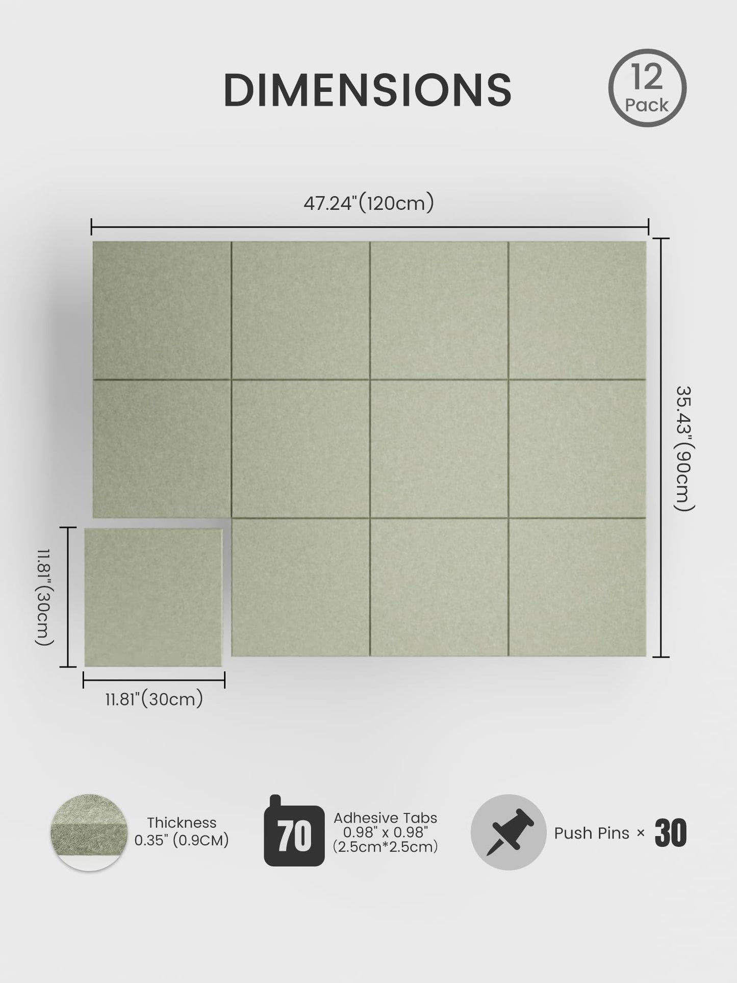 Bumusty Large Cork Board 48" x 36" Alternative - 12 Pack Felt Wall Tiles with 70 Safe Removable Adhesive Tabs, 30 Pushpins, Cork Boards for Walls Pin Board Bulletin Board Office Decor (Sage)