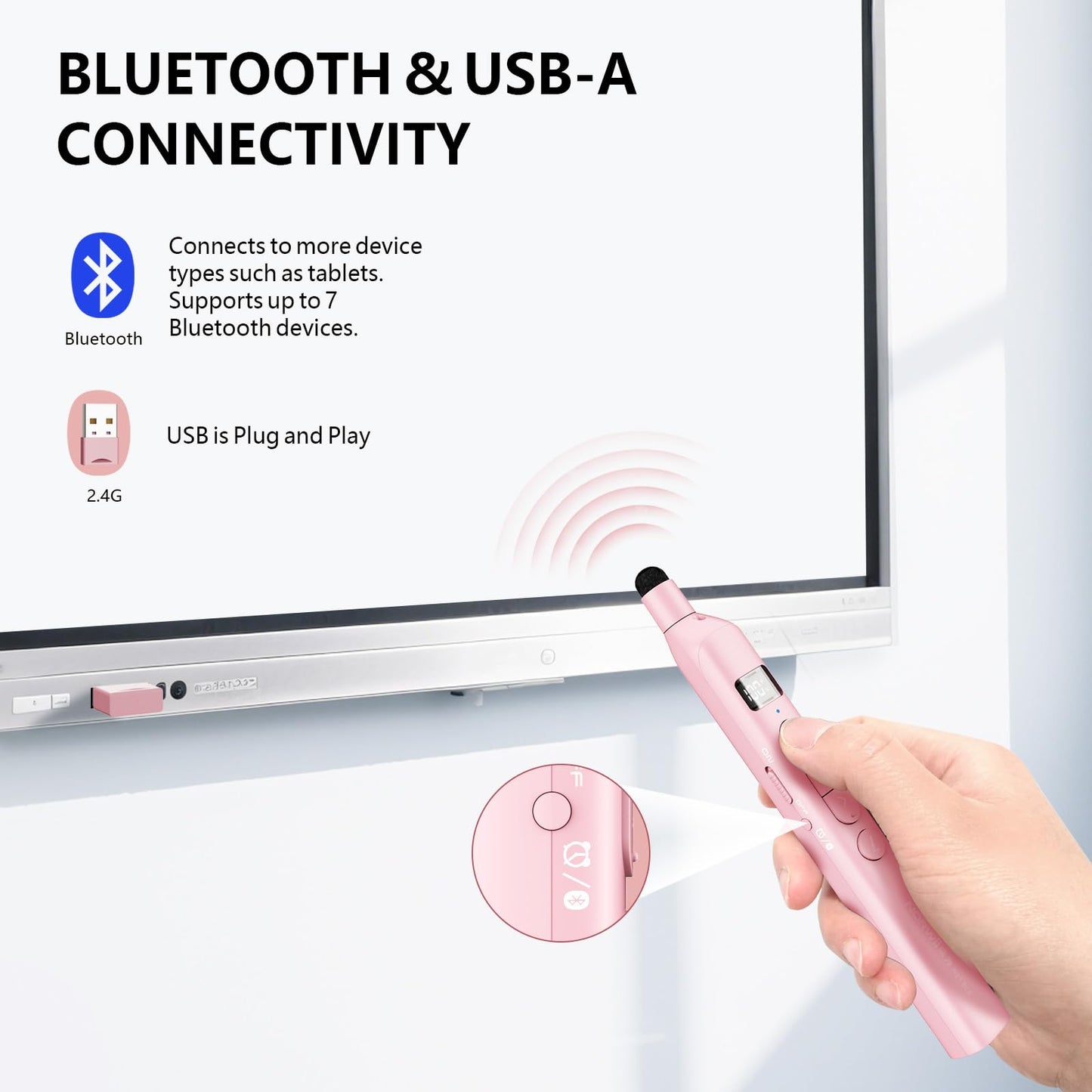 Norwii N21 Bluetooth Presentation Clicker with Telescopic Teaching Pointer, Presentation Remote with Retractable Stick for PowerPiont, Wireless Presenter, Slide Advancer - Pink