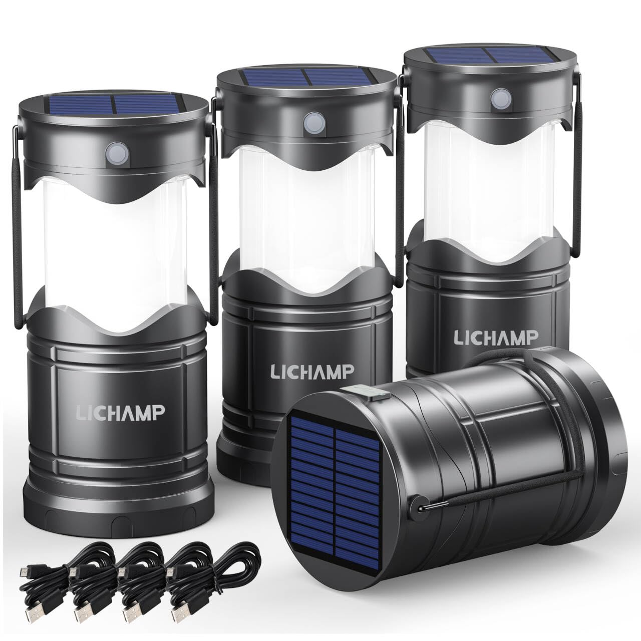 Lichamp 4-Pack Solar Camping Lanterns, USB Rechargeable LED, Battery Powered, Dark Gray, Model CLS-K004GH