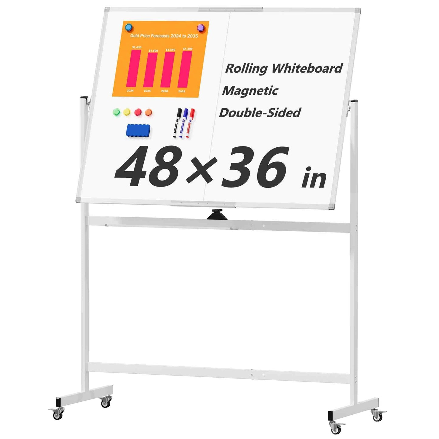 Large Rolling Whiteboard on Wheels, 48" x 36" Double-Sided Mobile White Board with Stand, 4' x 3' Portable Standing Magnetic Dry Erase Board Easel for Home Office Classroom School, Silver