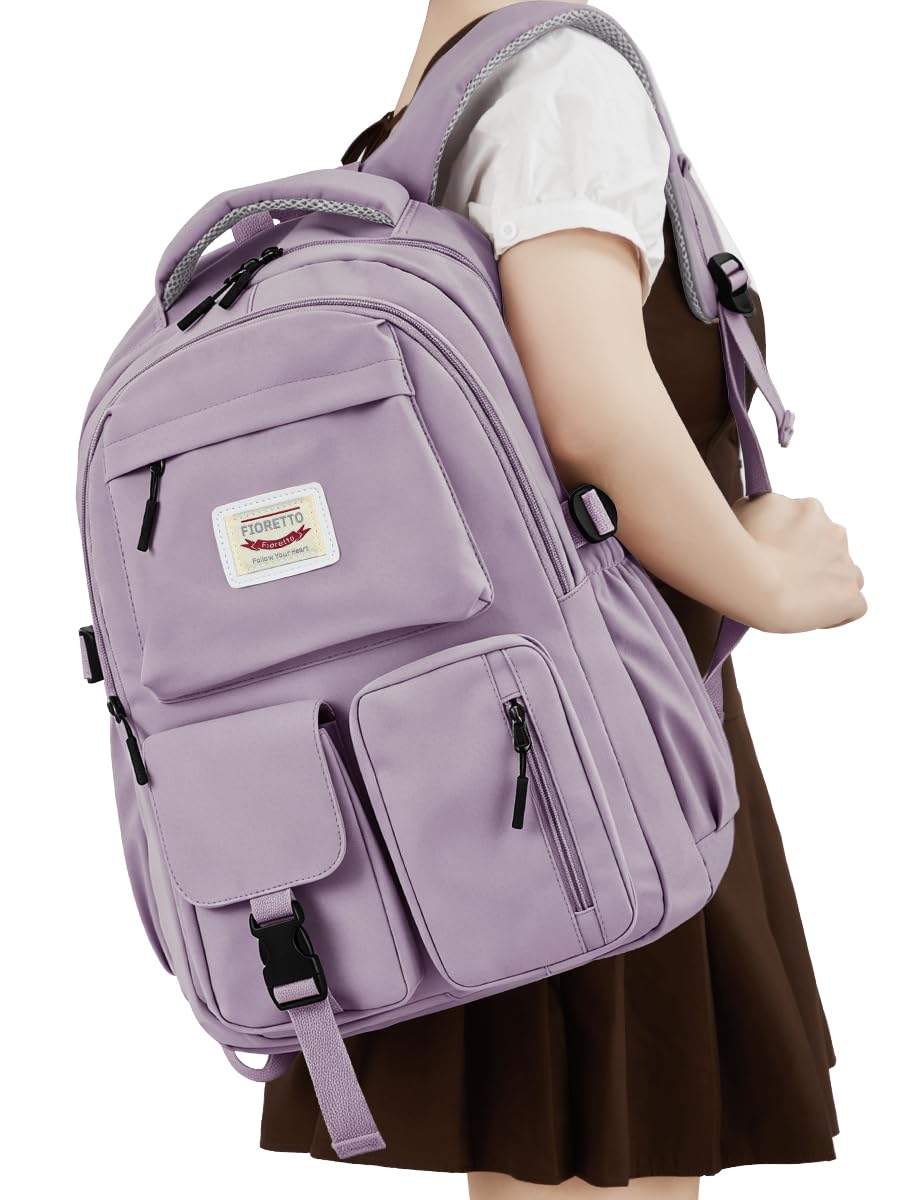 FIORETTO School Backpack for Teen Girls & Women with Compartment, Lightweight School Bag Bookbag with Multiple Pockets, Ideal for Middle High School, College, Travel, Purple 25L