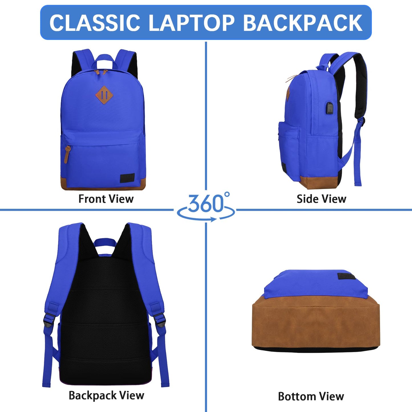 Goloni Backpack for Men Women,Travel Laptop Backpack, Water Resistant 17.3 Inch USB Charging Backpack, Large Capacity Work Commute Bag,Blue