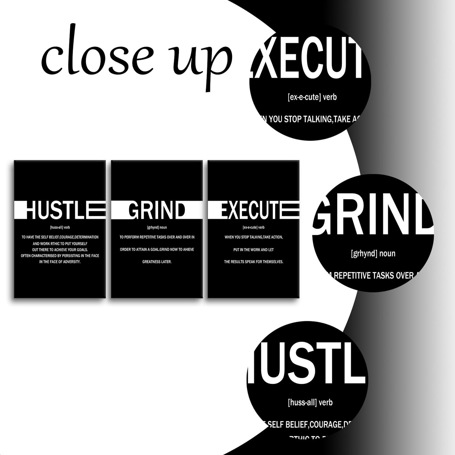 YSPCSUN Triptych Wall Decor Inspirational Posters for Office, Black White Hustle Grind Execute Quote 3 Panel Canvas Prints for Home Office Dorm Gym, 48x24 Inch Display Print
