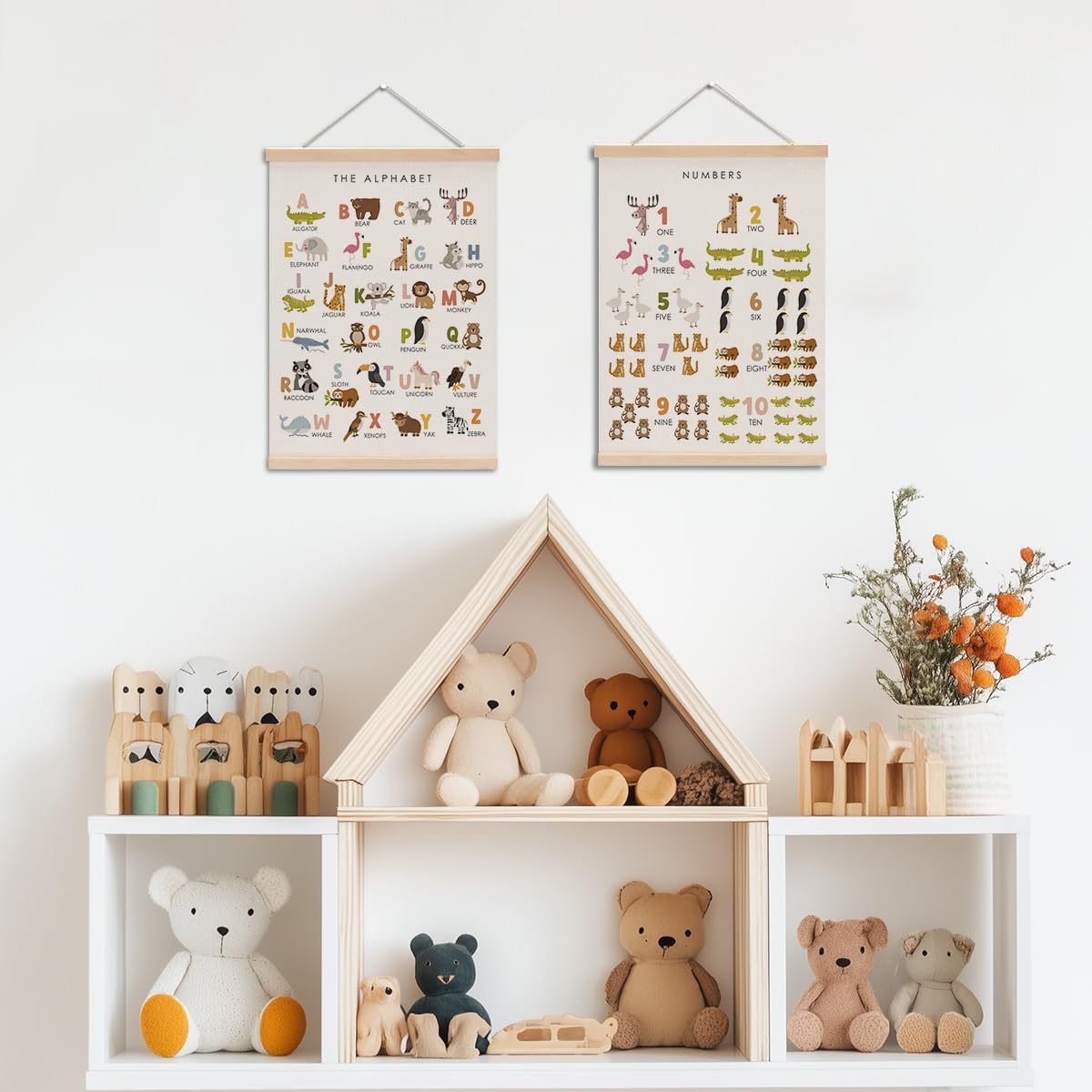 Cute Animal Number Chart Alphabet Poster Hanger, ABC Chart Wall Decor, Toddler Learning Posters, Educational Posters Homeschool Supplies, Wall Art Wall Hanging Banner Bedroom Nursery Decor