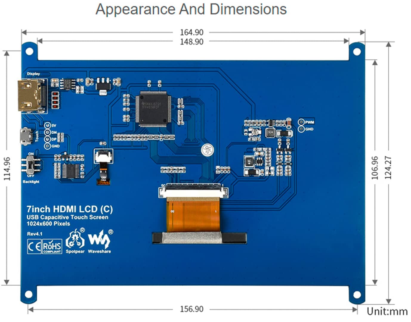 waveshare 7inch HDMI LCD IPS Capacitive Touch Screen 1024×600 Display Monitor Compatible with Raspberry Pi 5/4B/3B+/3B/Pi Zero W/Zero 2W/Pico/Pico W/Pico 2/Pico 2WJetson Nano/Win10/8/7,etc.