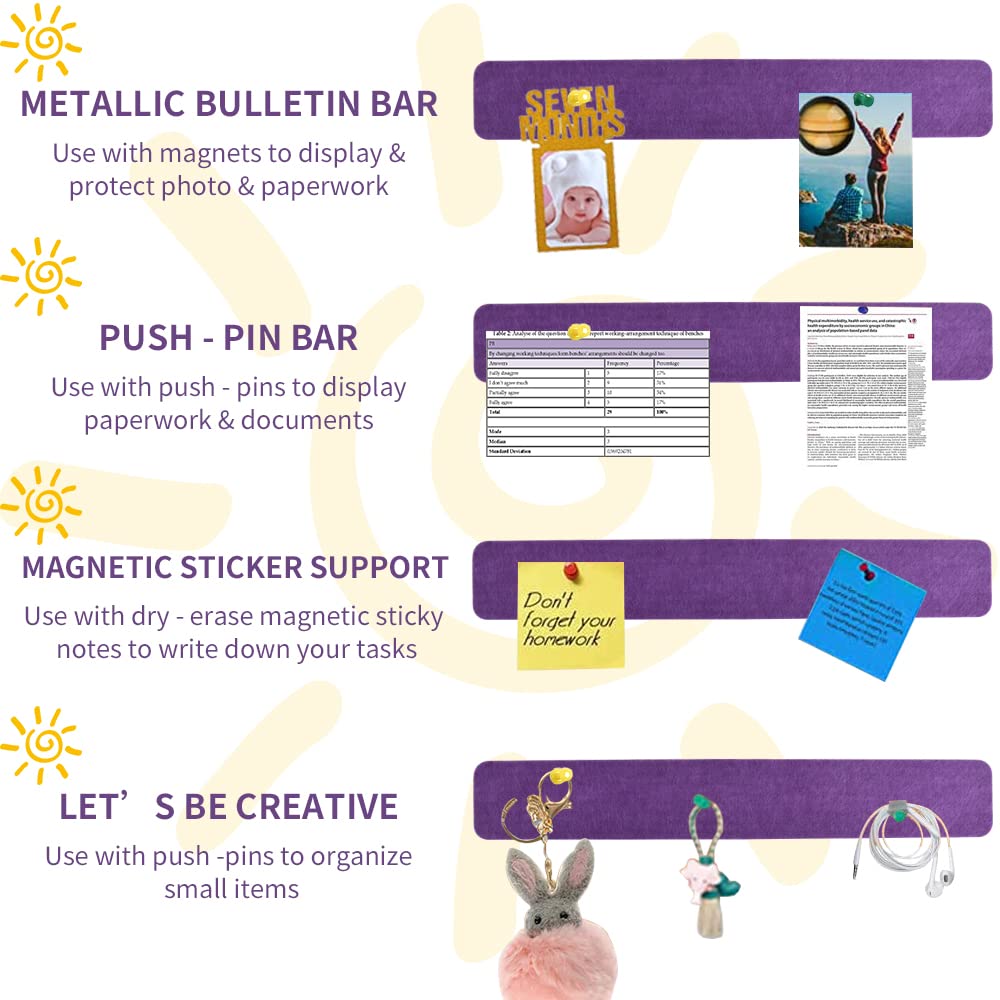 Vuzvuv 8 pcs Bulletin Board Bar Strips with 50 Pushpins & 10 Wooden Clip pins，Self Adhesive Cork Board for Wall，Felt Pin Board for School，Office Decor(Purple Rose)