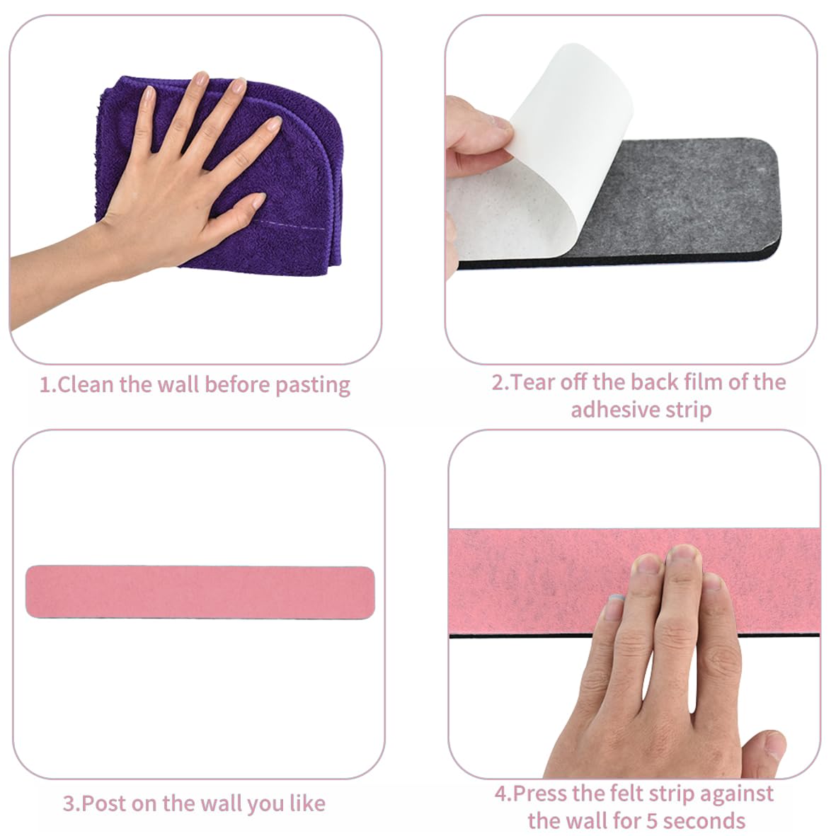 Vuzvuv 8 pcs Bulletin Board Bar Strips with 50 Pushpins & 10 Wooden Clip pins，Self Adhesive Cork Board for Wall，Felt Pin Board for School，Office Decor(Multi-Pink)