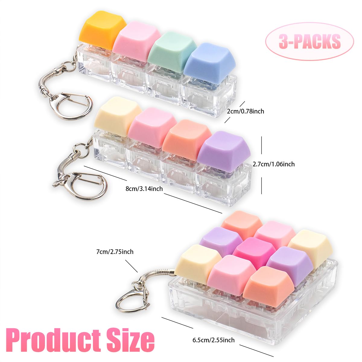 3 Pcs Keyboard Fidget Toy, Colorful Loud Fidget Keyboard Keychain 4-in-1 Keyboard Clicker Fidget Toy Stress Relief, 9Key Fidget Clicker Toys for Anxiety Decompression (Orange Pink)