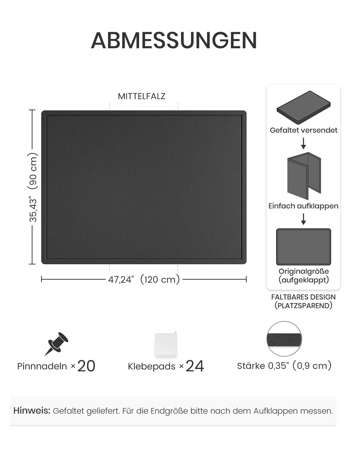 Fluxynara Large Bulletin Board, 47.2" x 35.4" Cork Board Alternative with 24 Safe Removable Adhesive Tabs, Foldable Felt Pin Board for Home Office, Classroom, Bedroom,Entryway for Walls—Black