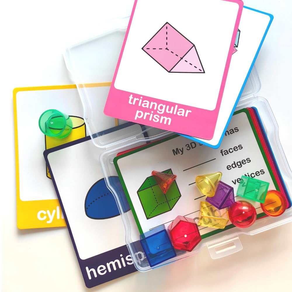 Math Task Boxes Set of 5 Math Manipulatives Themes 230+ Pieces of Number Rods, Base Ten Blocks, Ten Frame Disc Counters, Place Value Blocks, 0-9 Numbers, 3D Shapes, Activity Cards (3D Shapes)