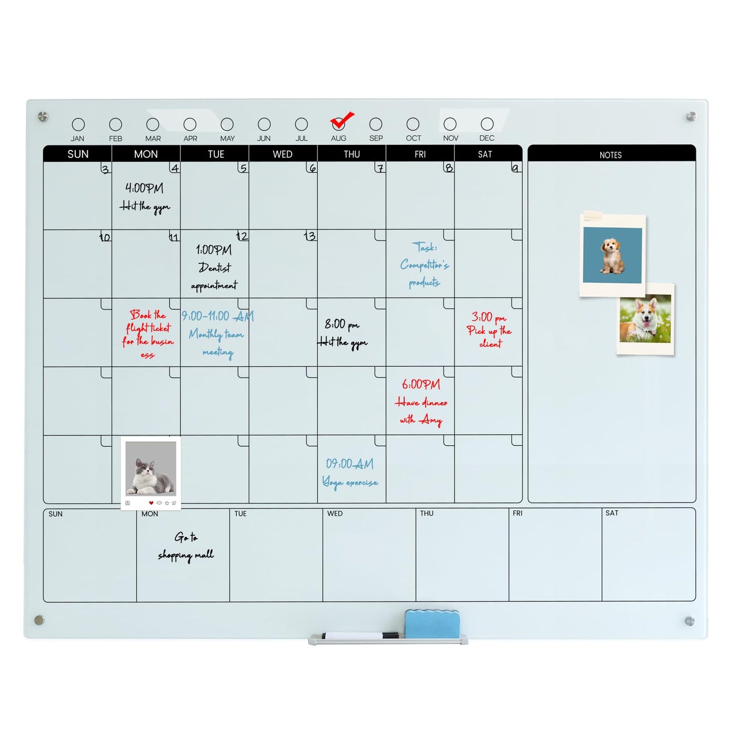 Magnetic Glass Whiteboard Calendar 48"x36" Glass Dry Erase Calender Board 36"x48" Monthly Plan White GlassBoard Wall Mounted for Office School Home (White)