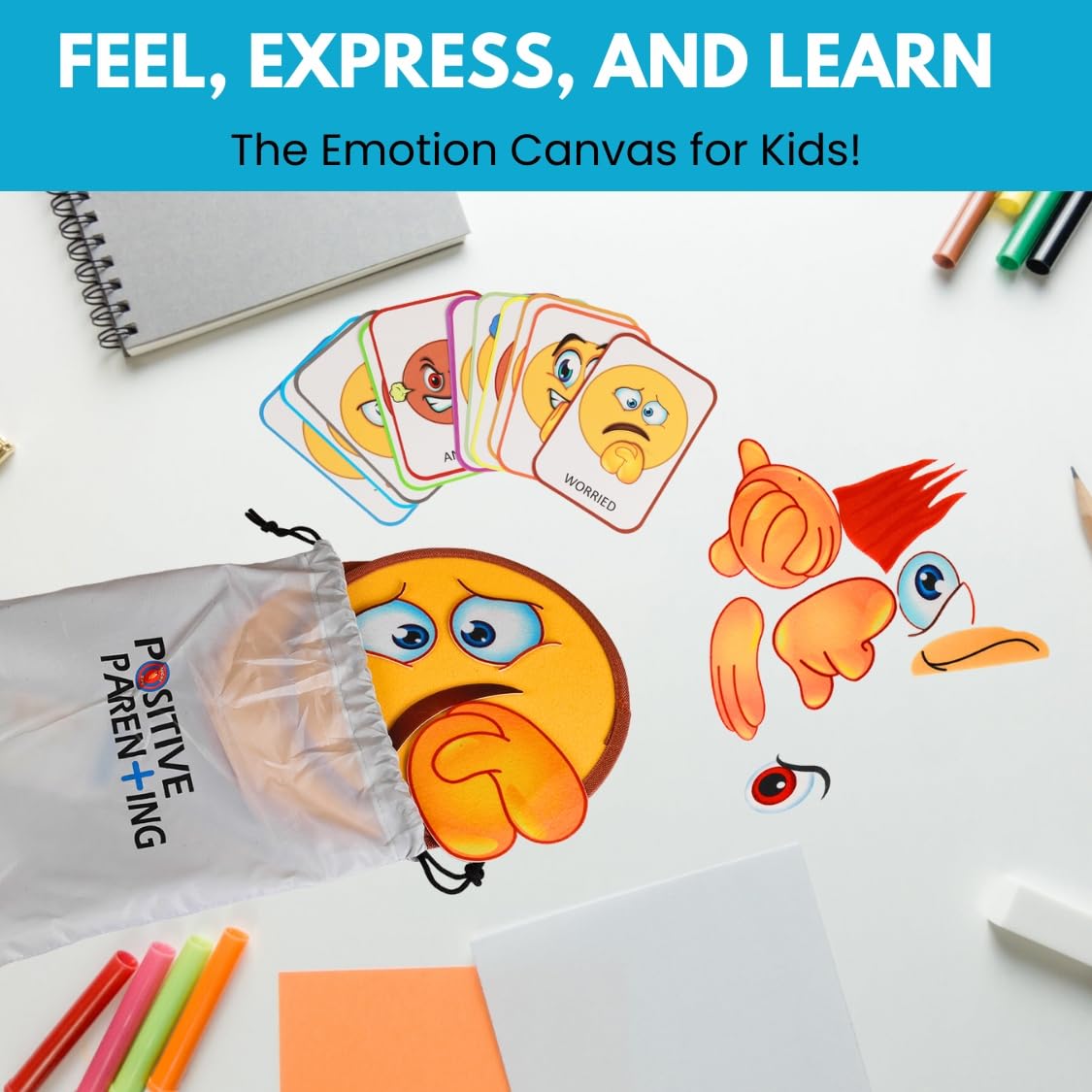 Thought-Spot Emotions Canvas Activity Set | Social Learning Game for Kids | Make Faces to Understand Feelings | 2 Canvases, 12 Double-Sided Emotion Cards with Coping Strategies, 55 Facial Pieces