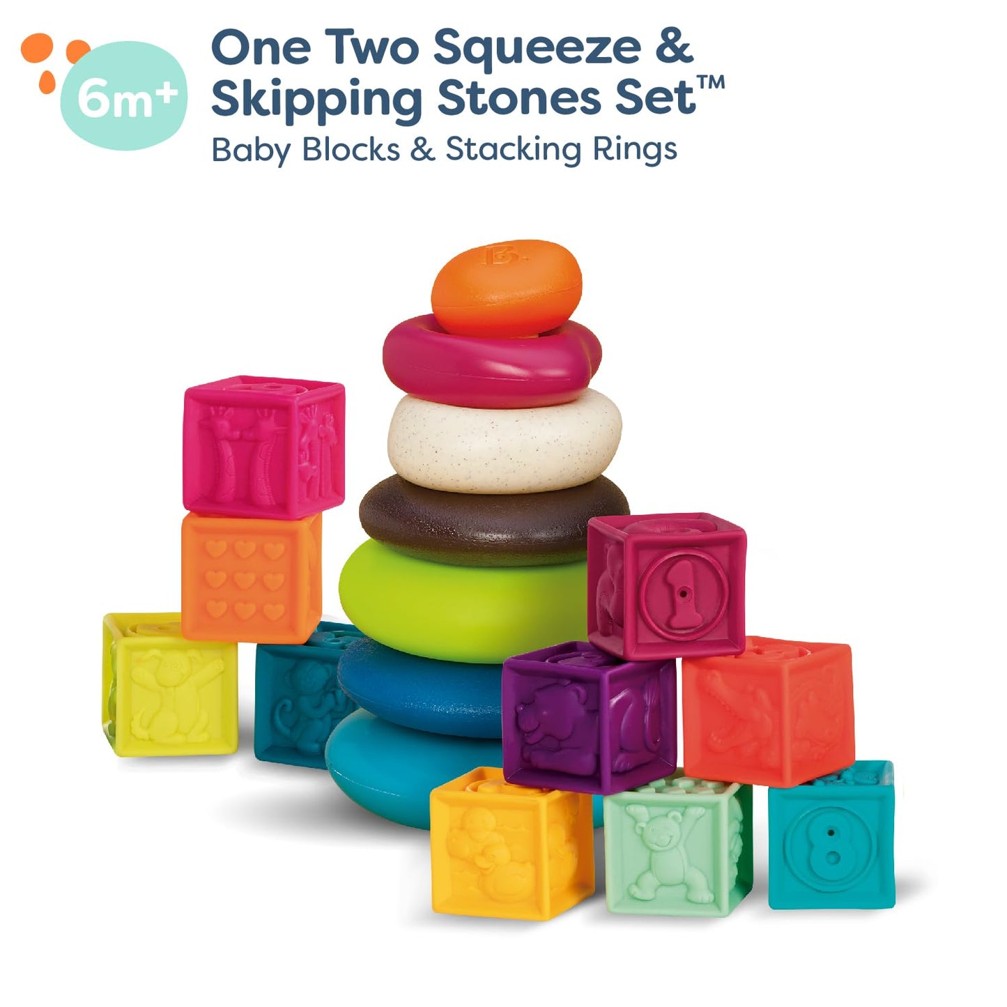 B. toys – Baby Blocks & Stacking – 10 Numbered Blocks & 5 Colorful Rings – Building Play Set for Infants – Educational Toys – One Two Squeeze & Stacking Stones – 6+ Months