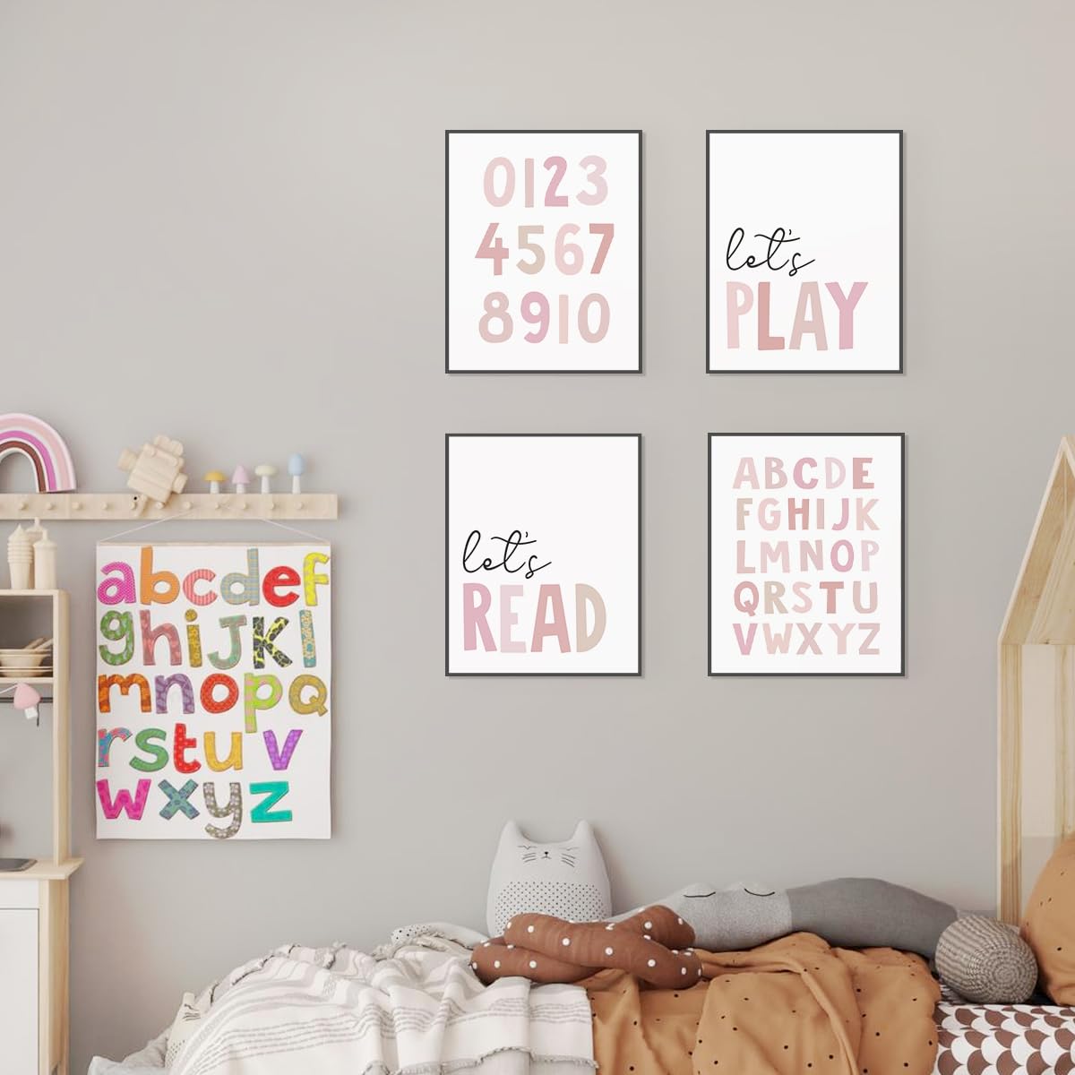 PLKMN Let's Play Read Wall Art Set of 4, Educational Posters, Montessori Classroom Decor, Neutral Kids Decor,Alphabets Number Prints for Nursery Classroom,8x10 Unframed - Pink