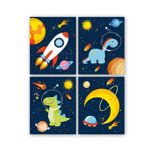 KAIRNE Dinosaur Outer Space Art Print, Solar System Planet Canvas Poster,Set of 4 (8X10inch,Unframed) Animal Astronaut Wall Art for Kid Room Decor