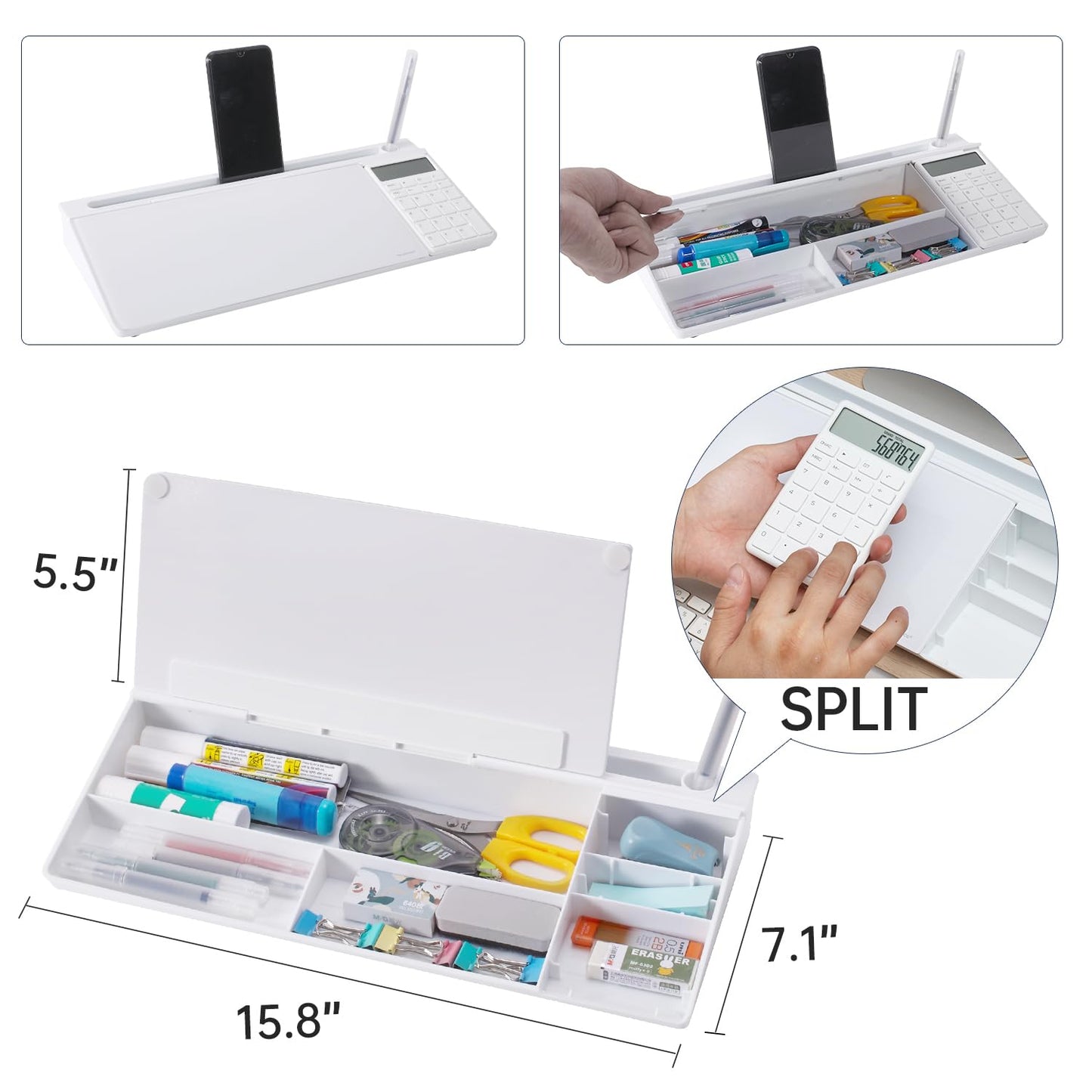 Small Glass Desktop Whiteboard Dry-Erase-Board - Computer Keyboard Stand with Calculator White Board Surface Pad with Drawer, Desk Organizers with Accessories for Office, Home, School Supplies - White