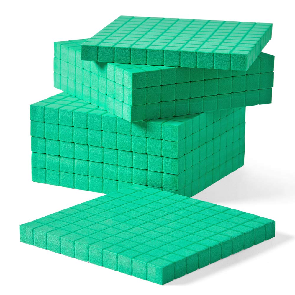 hand2mind Green Foam Base Ten Blocks, Flats Set, Place Value Blocks, Counting Cubes for Kids Math, Base 10 Math Manipulatives for Kids, Kindergarten Homeschool Supplies (Set of 10)