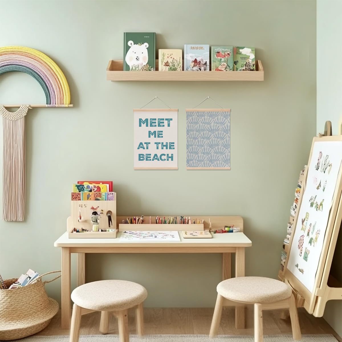 2PCS Coastal Cowgirl Room Decor - Meet Me At The Blach, Aesthetic Blue Seashell Wall Hanging Banner for Bedroom Classroom, Blue Beach Decor Gifts for Girls Room Coastal Beach Room Decor Poster Hanger