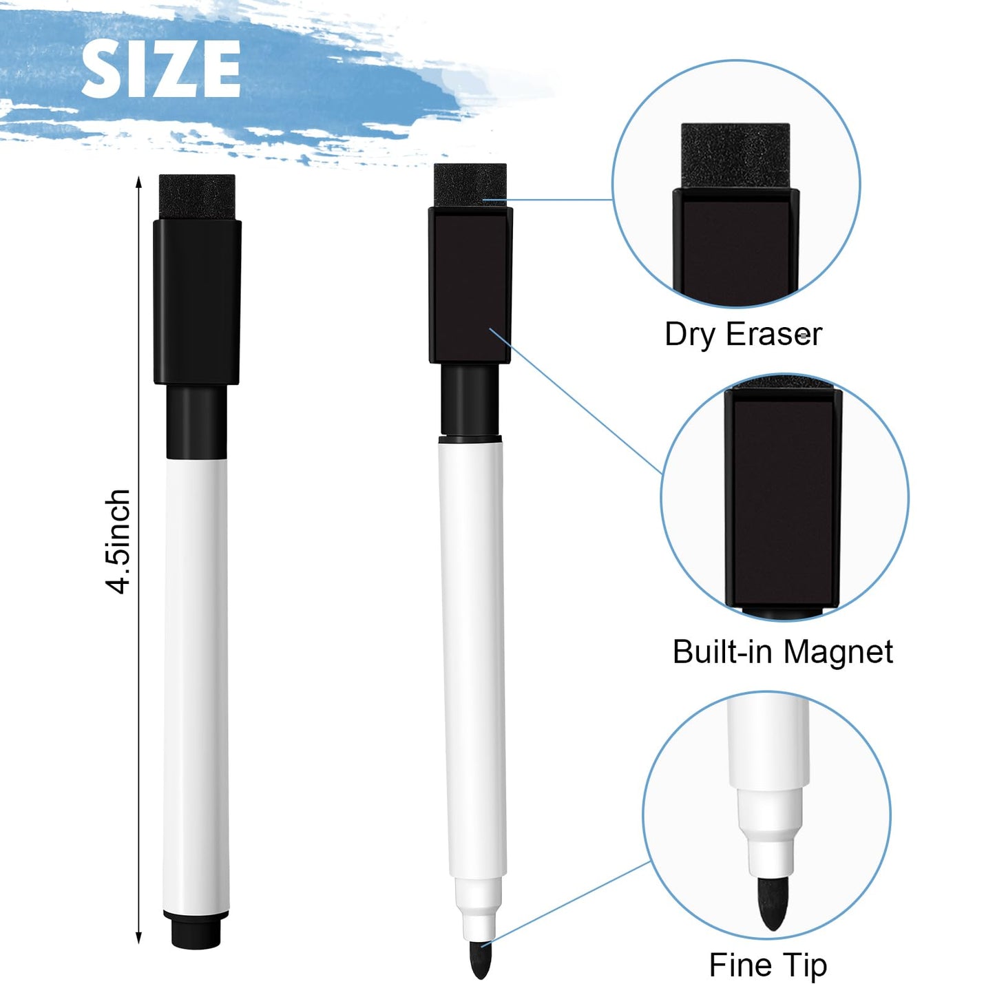 Kosiz 200 Pcs Magnetic Dry Erase Markers Fine Point Tip Whiteboard Markers with Eraser Cap Magnetic Dry Erase Pens Erasable Pens for Whiteboard Dry Boards(Black)