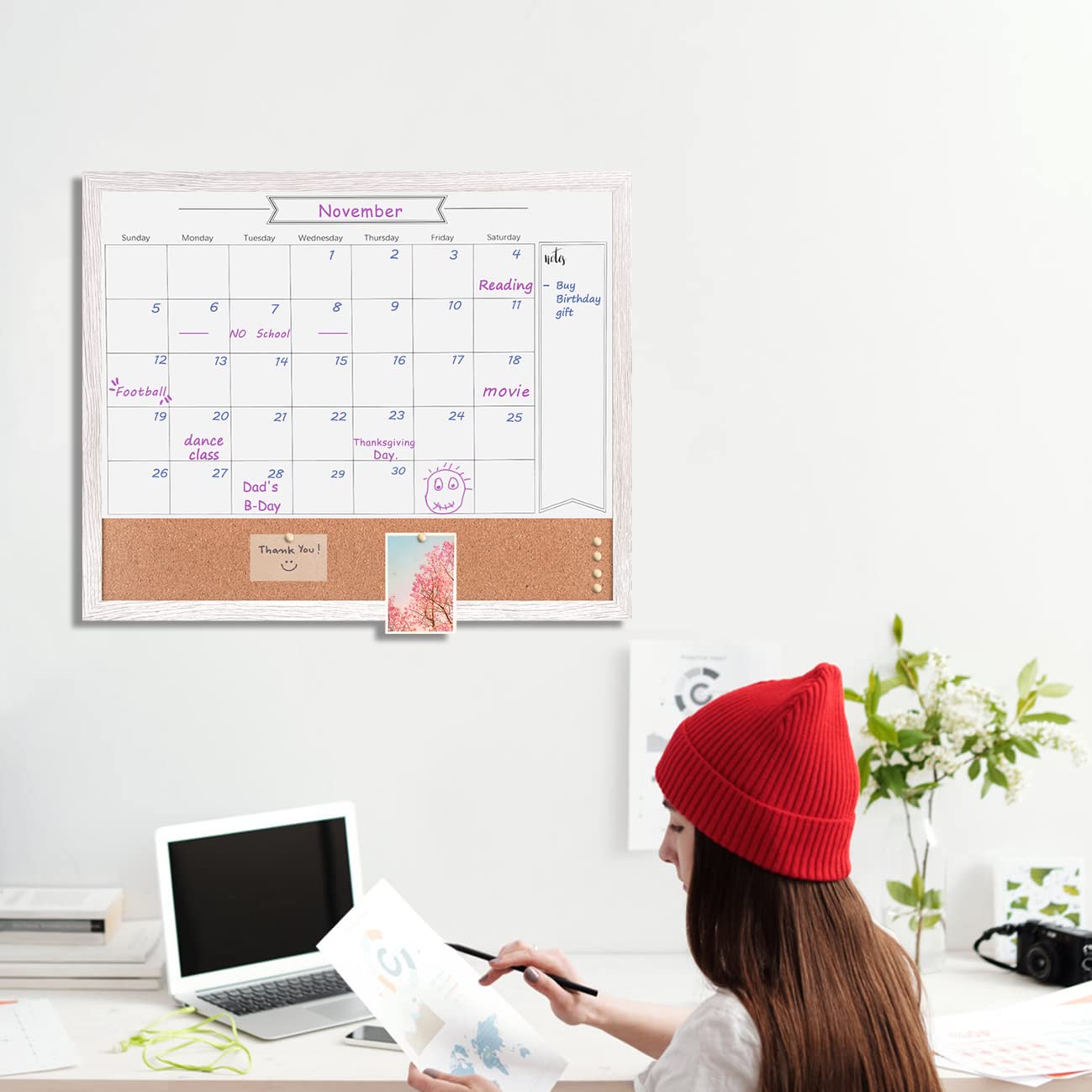 Dry Erase Calendar Whiteboard for Wall, Large Combination Magnetic Dry Erase White Board & Bulletin Board, 23.6" x 31.5" Wood Framed Calendar/Cork Combo Board(WH-6080)