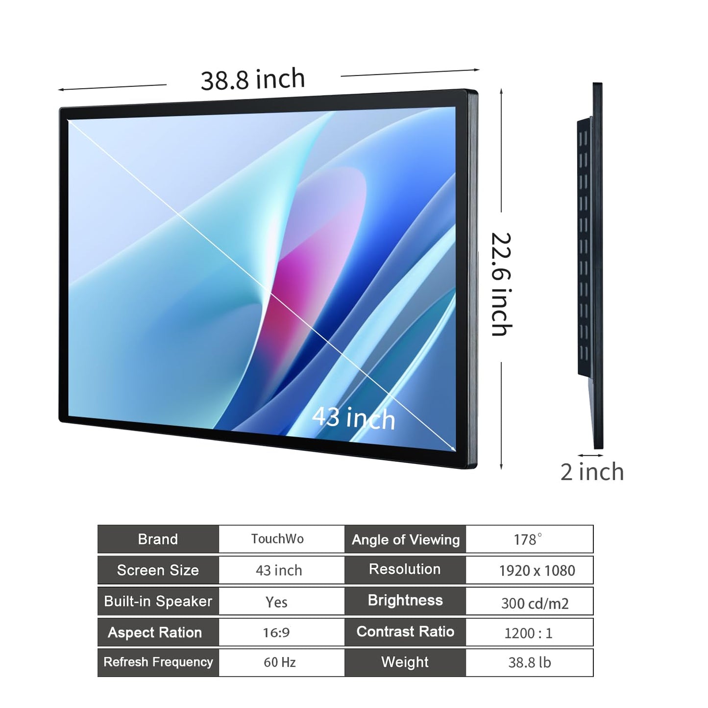 TouchWo 43 inch Interactive Touchscreen Monitor, Smart Board with 16:9 Display 1080P, Android 12 Touchscreen Electronic Whiteboard for Office and Classroom, RAM 4G & ROM 64G