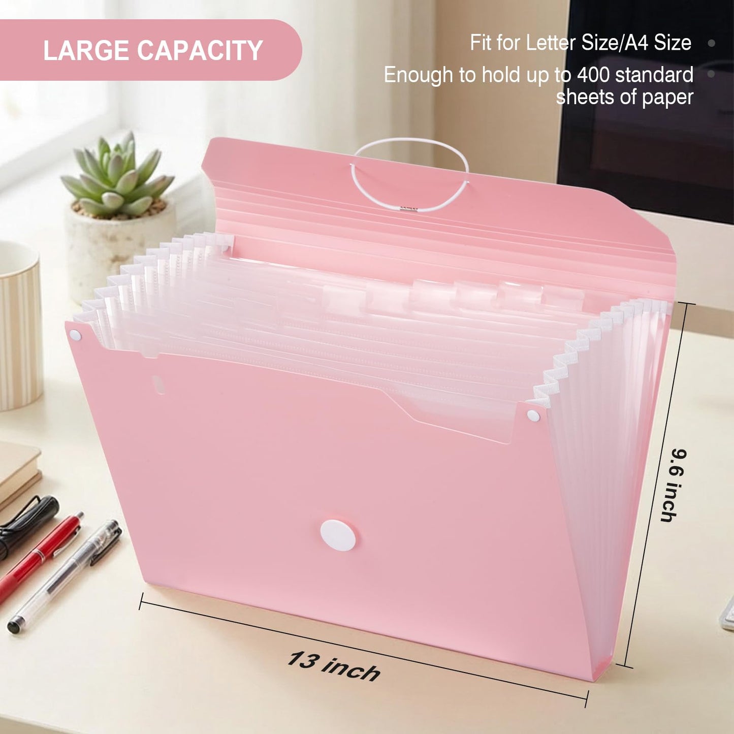 Comix Accordion File Organizer, 13 Pocket, Pink