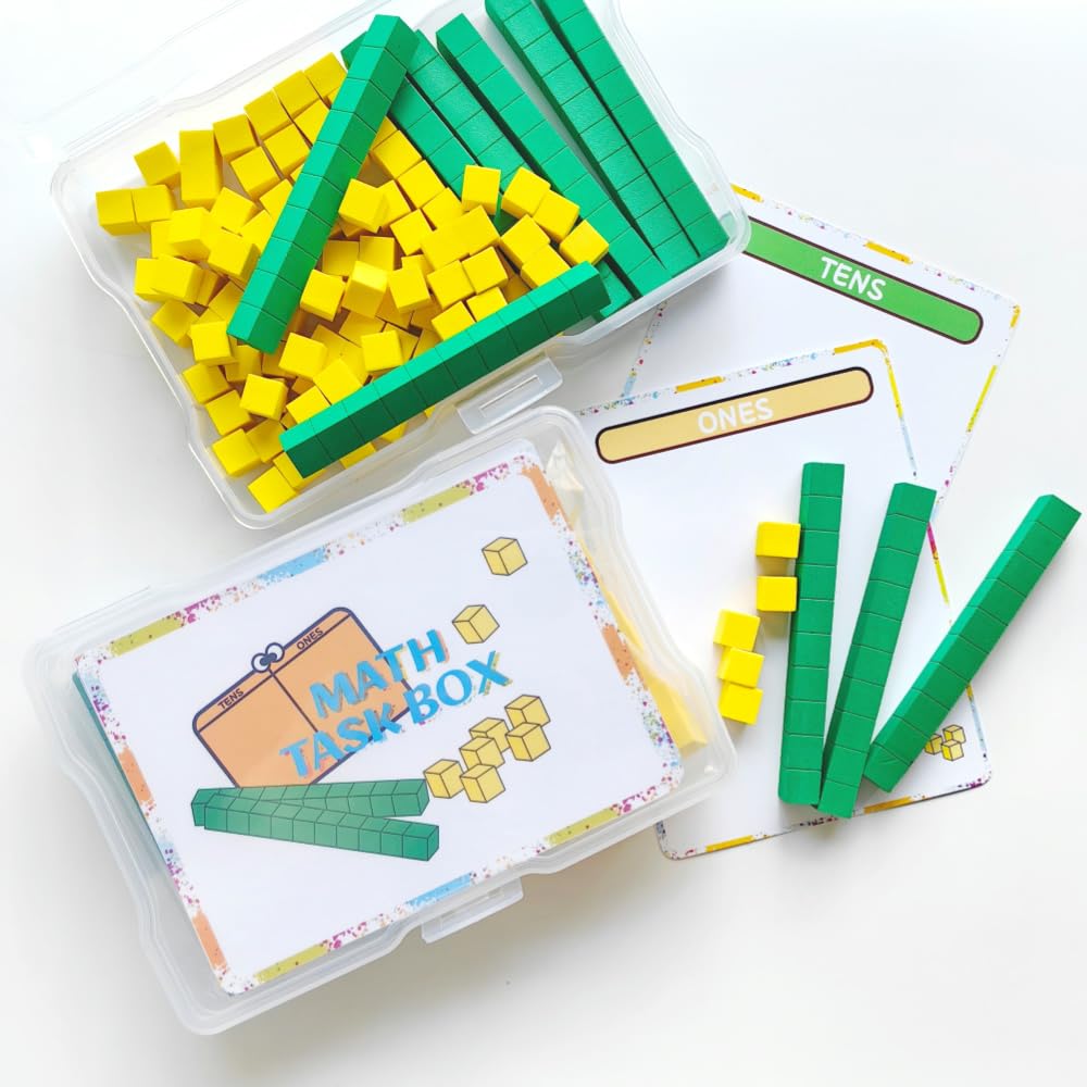 Math Task Boxes Set of 5 Math Manipulatives Themes 230+ Pieces of Number Rods, Base Ten Blocks, Ten Frame Disc Counters, Place Value Blocks, 0-9 Numbers, 3D Shapes, Activity Cards (Base Ten Blocks)
