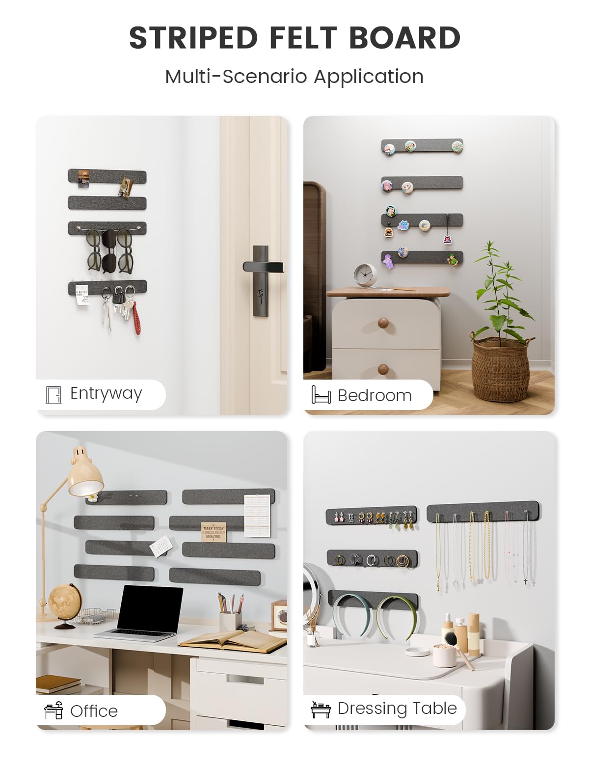 Fluxynara Cork Board Alternative Felt Strip Board 8-Pack 13"x2", Office Pin Board with 50 Push Pins, Adhesive Install for Bedroom Door & Home Office (Charcoal Gray)