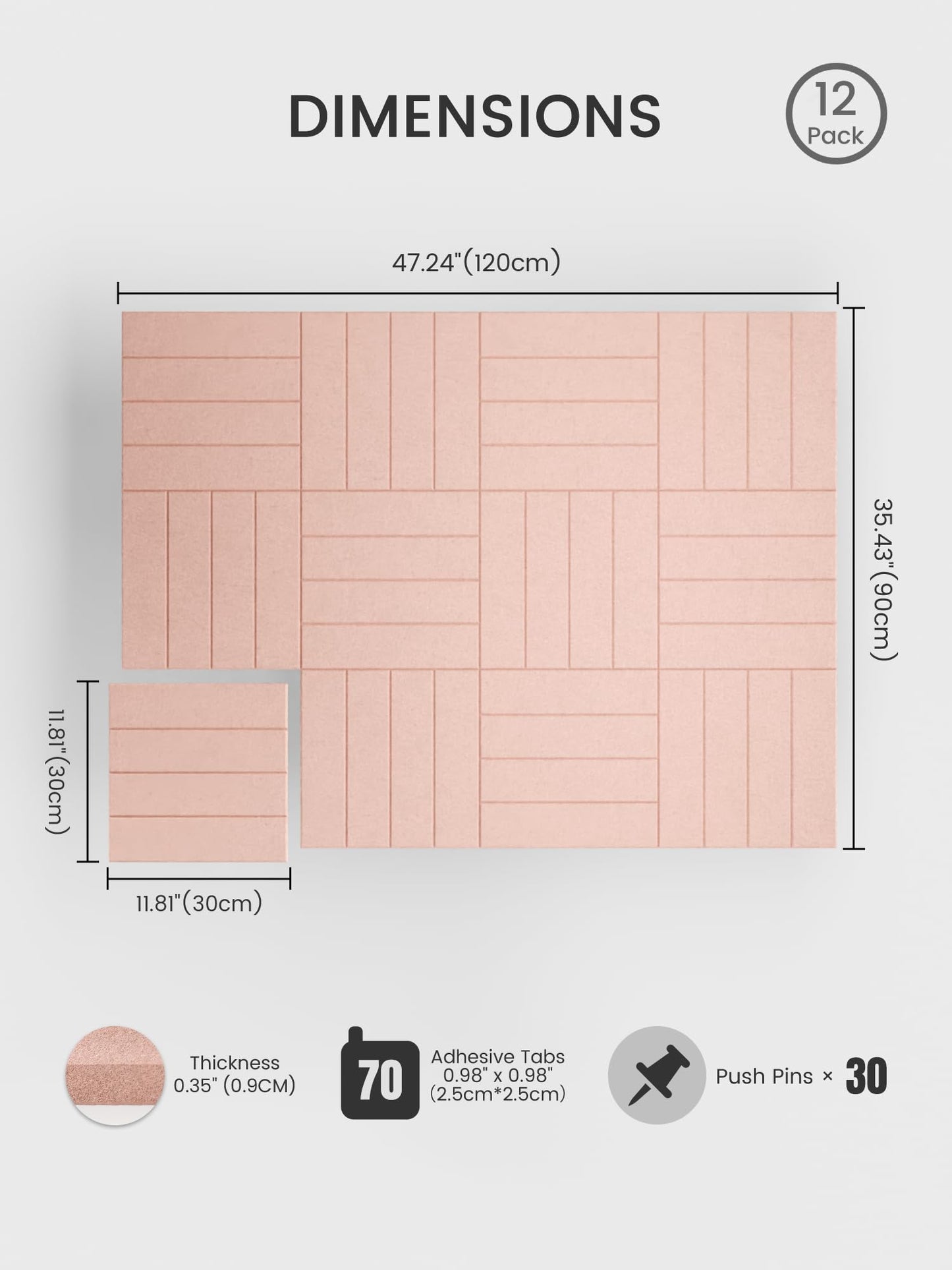 Bumusty Large Cork Board Alternative-48 x 36" Felt Bulletin Board Tiles, with 30 Pushpins, 70 Adhesive Tabs, Bold-Stripe 12-Pack, Cork Boards for Office Push Pin Board Felt Board-Pink