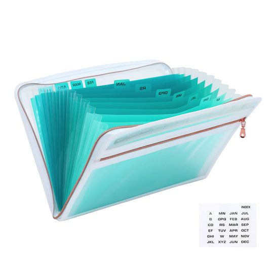 MEGREZ Expanding File Folder with 13 Pockets, A4 Paper File Folder with Zipper Color Labels, Waterproof Accordion File Folder Organizer for Home Office, Green-Clear