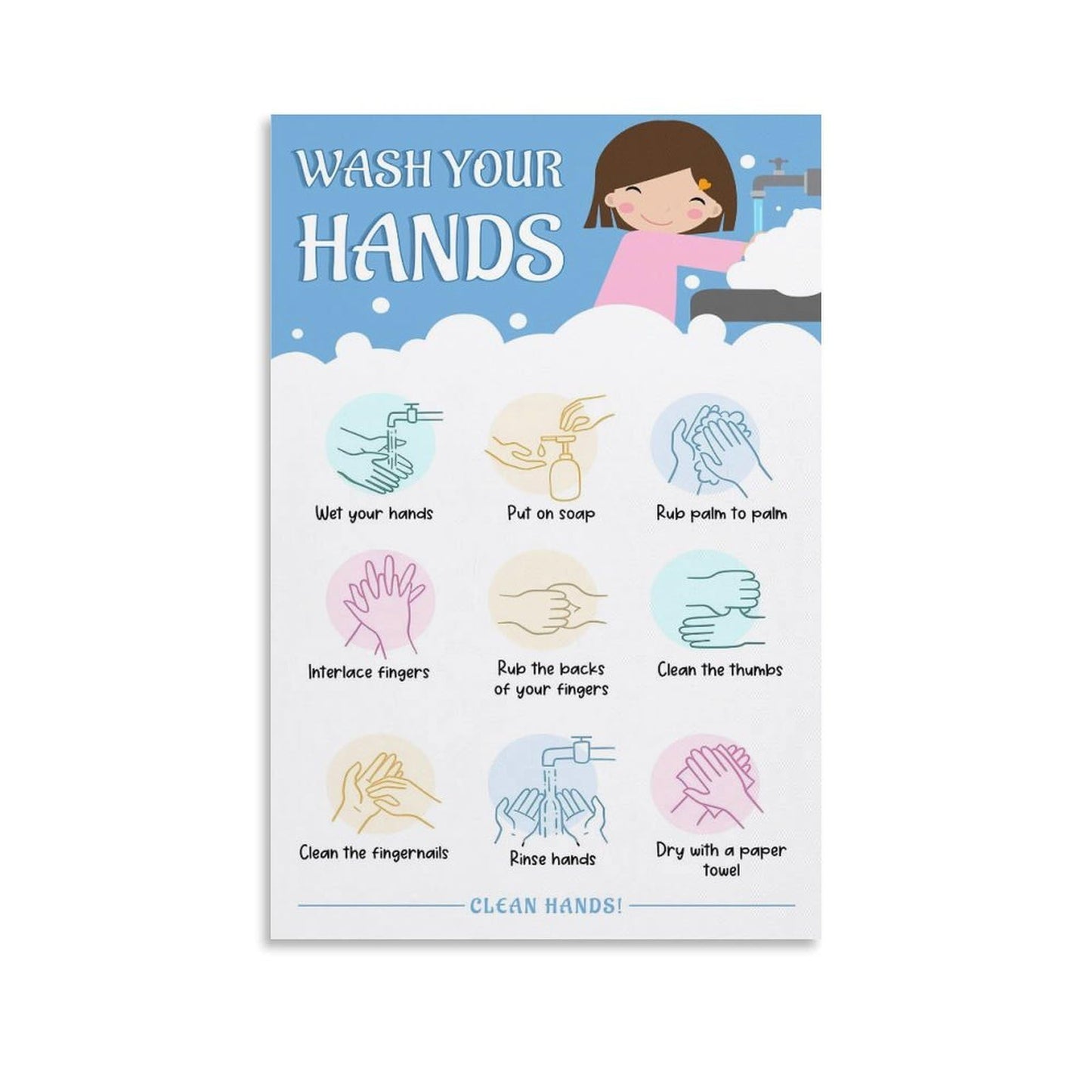 LINWDSB Handwashing Poster – Wash Your Hands Sign for Kids Preschool, Daycare, School Nurse & Classroom Bathroom Posters style 12x18inch(30x45cm)