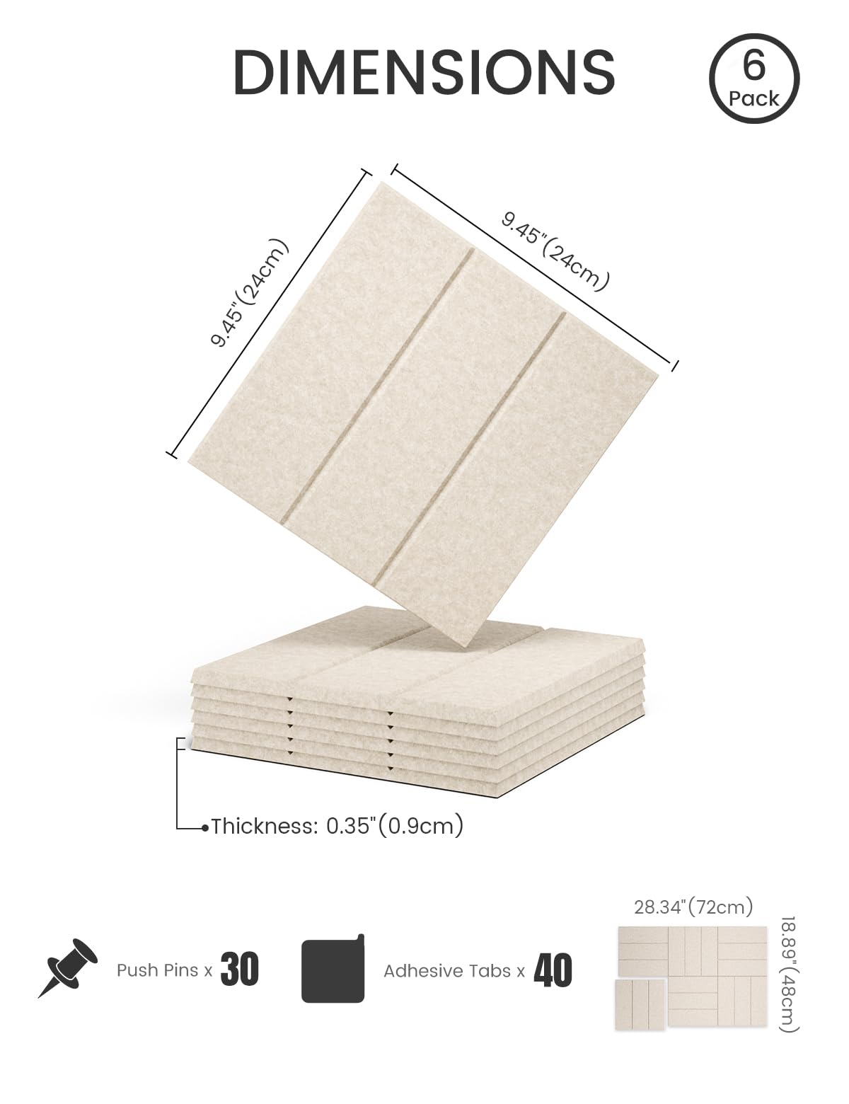 Felt Bulletin Board Tiles -28"x18" with 40 Adhesive Tabs, Cork Board Alternative for Office Decor, Push Pin Board Wall Organizer 6-Pack (Oatmeal)