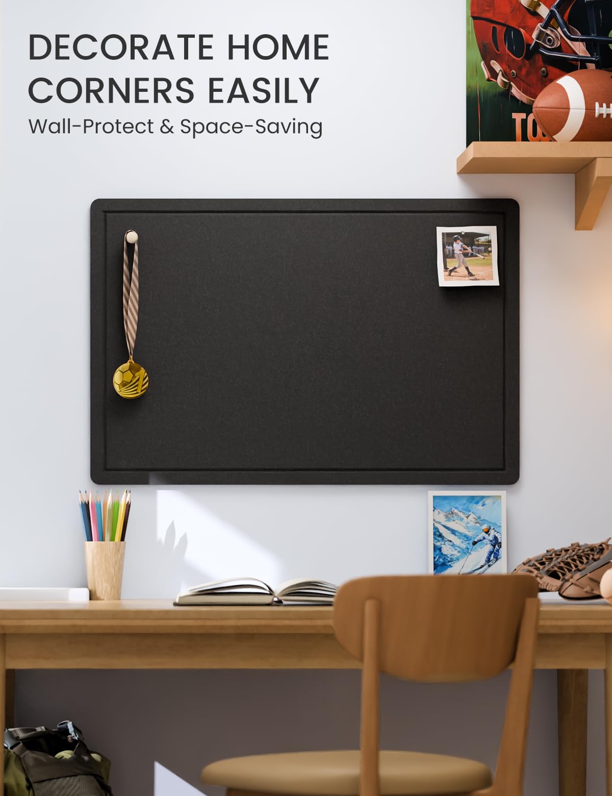 Fluxynara Bulletin Board,35.4" x 23.6" Cork Board Alternative with 12 Safe Removable Adhesive Tabs, Foldable Felt Pin Board for Home Office, Classroom, Bedroom,Entryway for Walls—Black
