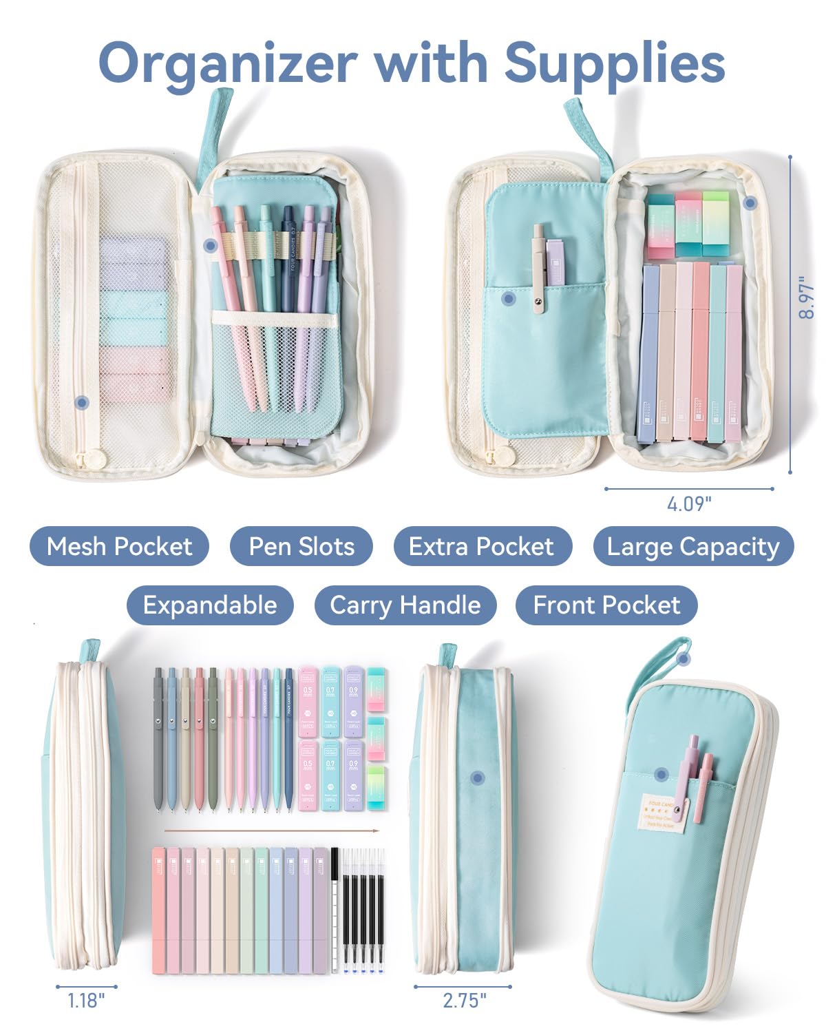 Four Candies 39 PCS Aesthetic Stationery Set with Cute Pen Case, College Supplies and Nursing Student Essentials, 12 Pastel Highlighters, 5 Black Gel Pens, 6 Mechanical Pencils, Blue