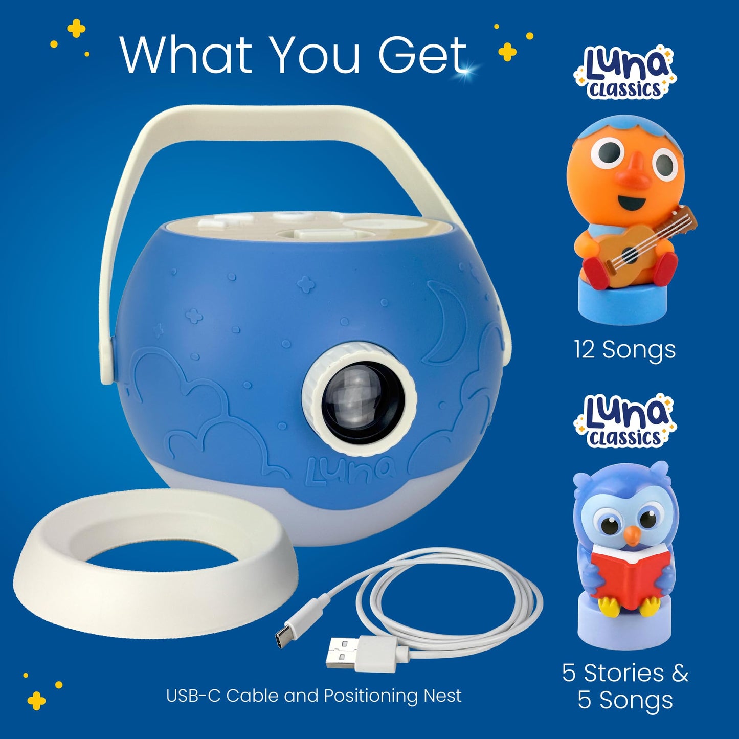 LUNA STORYTIME Kids Book Projector - Owl & Super Simple Noodle Bundle | 5 Read-Aloud Stories & 17 Songs | Story Projector, Night Light & Music Player | Screen-Free Educational Toy for Kids Ages 3+