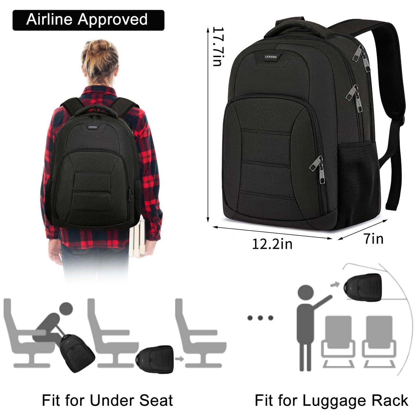 Liokesa Black Laptop Backpack for Men, School Backpacks for Teen Boys, Lightweight Backpack Personal Item Bag, 15.6 Inch Water Resistant College Bookbag Computer Bag