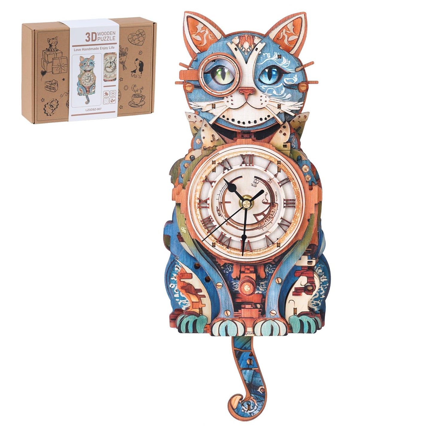 Rnfinewow 3D Wooden Puzzles for Adults, Detective Cat Clock with Pendulum Model Kit, 3D Puzzles for Adults Room Home Decor DIY Wall Clock Kit, Holiday Birthday Christmas Day Gifts for Men Women