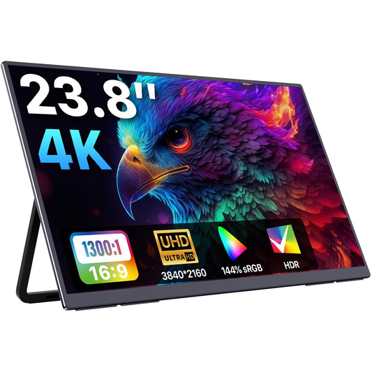 Upperizon Portable Monitor 23.8 inch 4K 3840X2160 144% sRGB 60Hz HDR HDMI USB-C Travel Monitor for Laptop MacBook PC Surface PS5 Xbox, Large External Display with Kickstand & Speakers, VESA Compatible