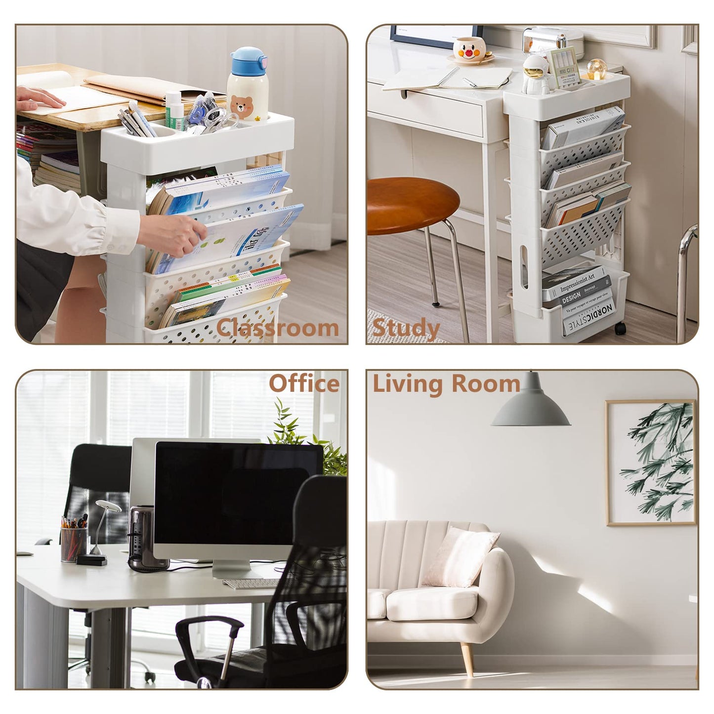 CINPIUK White Rolling Office Paper Organizer, Mobile Book Cart Document Folder File Storage with Pen Holder, Slim Rolling Storage Cart Movable Bookshelf for Office, Dorm, Classroom, Nursery