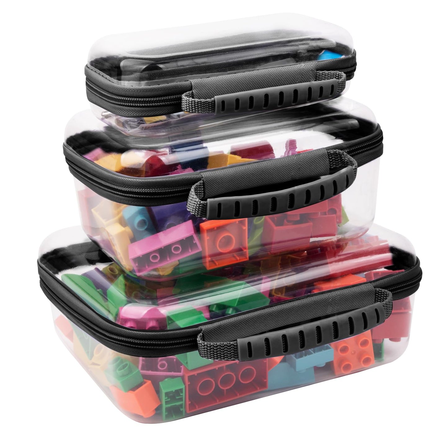 JeeVoya 3 PCS Clear Zipper Pouches with Handle, Diaper Bag Organizer, Clear Makeup Bags Hardshell Toy Storage Bins with Zipper Toiletry Pouch Bag for Cosmetics Pencils Puzzles, Building Blocks(Black)