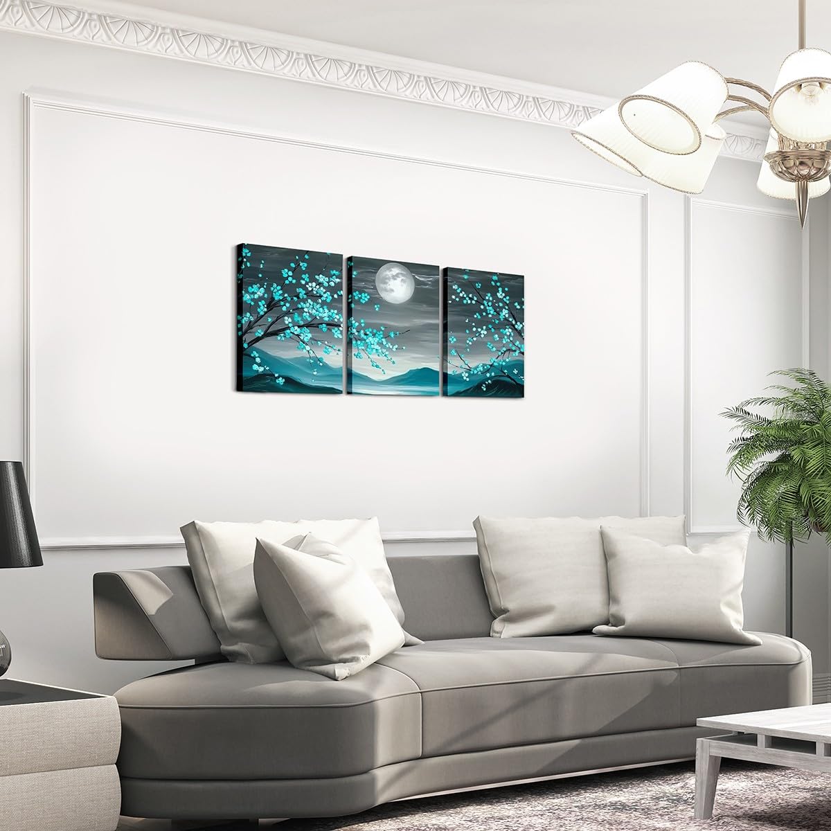 jejeloiu Teal Blue Plum Blossom Canvas Wall Art for Living Room Bedroom 12"x16"x3pcs Moon Mountain Picture Wall Decor for Bathroom Floral Flower Office Decorations Artwork Posters Botanical Painting
